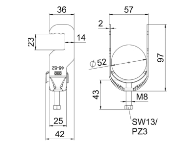 Dimensional drawing 2 OBO BS RS1 M 52 FT One piece strut clamp 46   52mm