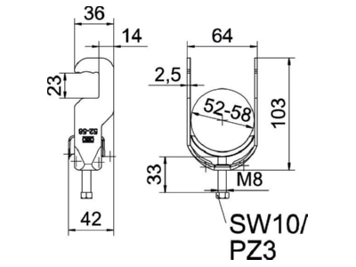 Mazeichnung OBO BS RS1 M 58 FT Buegelschelle 52 58mm