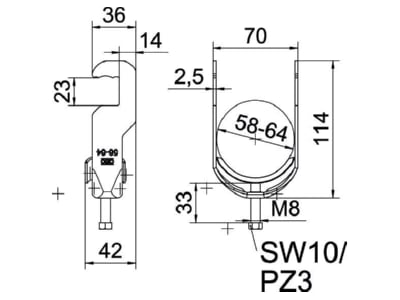 Dimensional drawing 1 OBO BS RS1 M 64 FT One piece strut clamp 58   64mm
