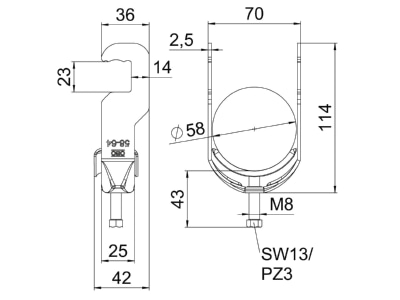 Dimensional drawing 2 OBO BS RS1 M 64 FT One piece strut clamp 58   64mm