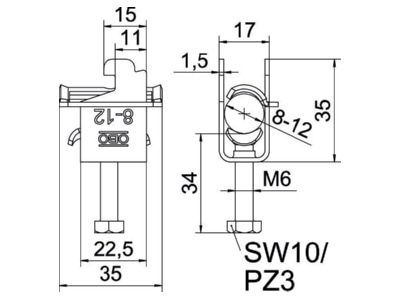 Dimensional drawing OBO BS SAS M 12 A2 One piece strut clamp 8   12mm