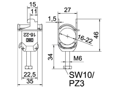 Mazeichnung OBO BS SAS M 22 A2 Buegelschelle 16 20mm