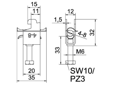 Dimensional drawing OBO BS SAS M 8 A2 One piece strut clamp 4   8mm